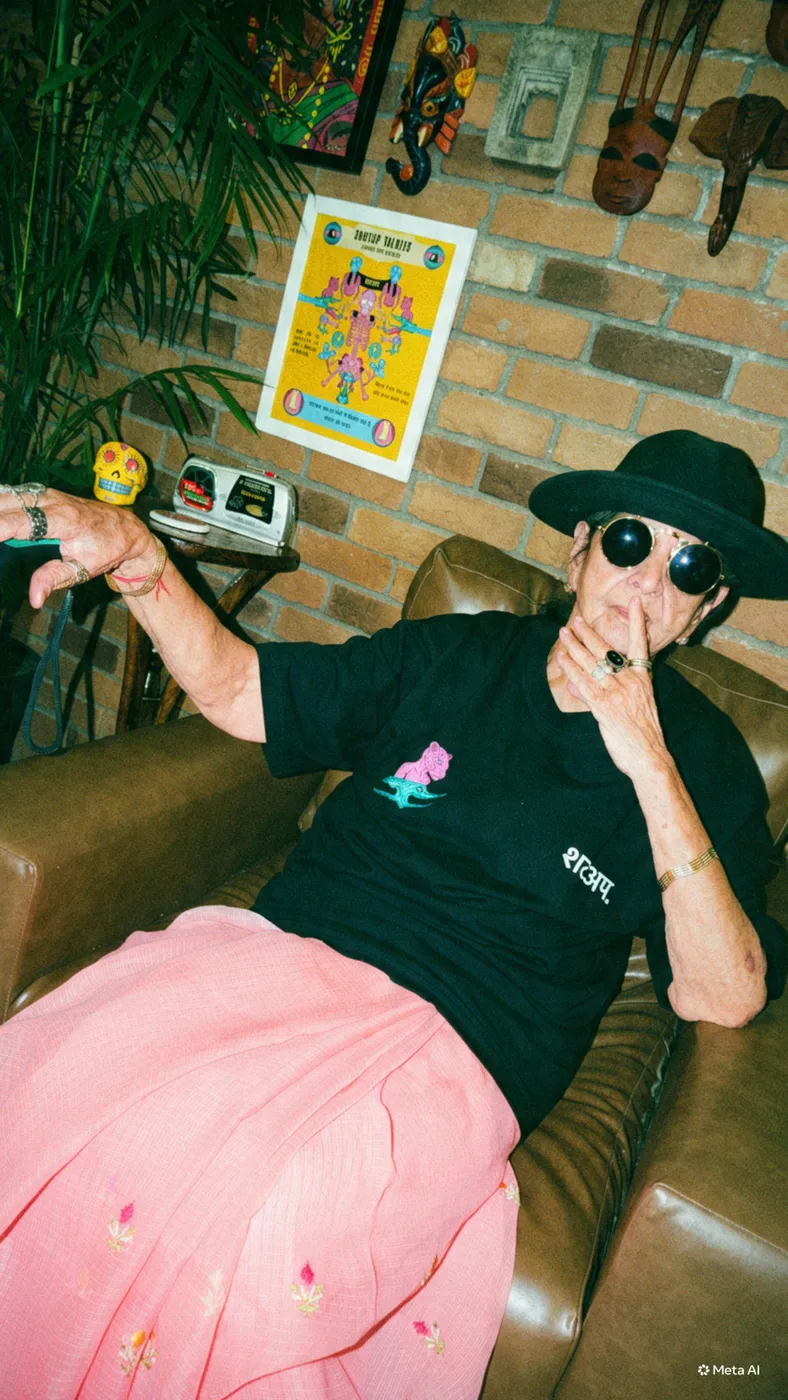 Elder rebel wearing the black SHUTUP T-shirt with the SHUTUP poster on a brick wall